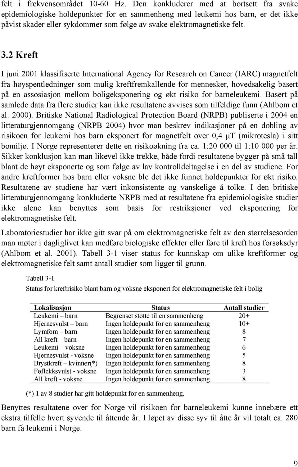 2 Kreft I juni 2001 klassifiserte International Agency for Research on Cancer (IARC) magnetfelt fra høyspentledninger som mulig kreftfremkallende for mennesker, hovedsakelig basert på en assosiasjon