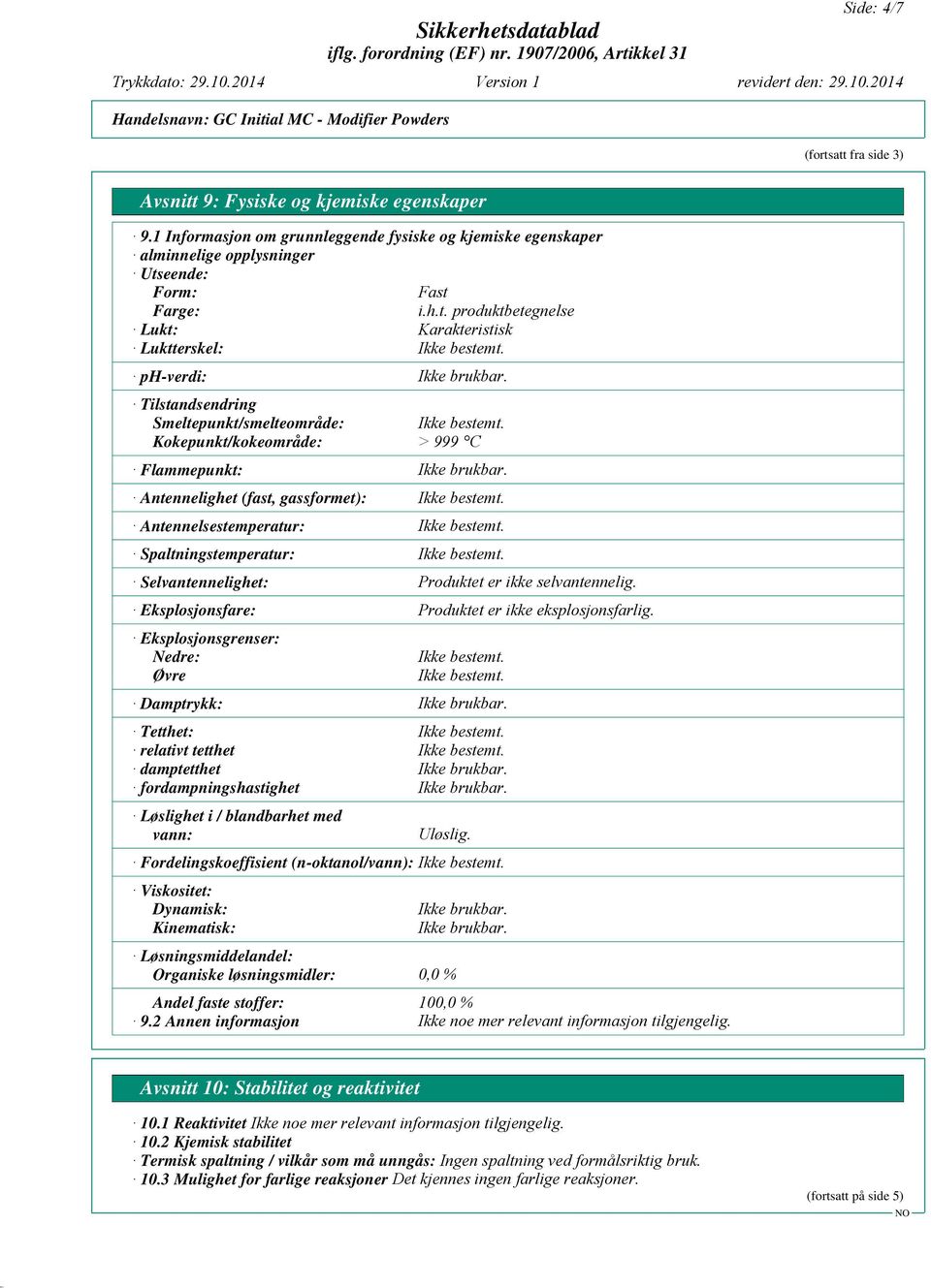 Lukt: Karakteristisk Luktterskel: ph-verdi: Tilstandsendring Smeltepunkt/smelteområde: Kokepunkt/kokeområde: > 999 C Flammepunkt: Antennelighet (fast, gassformet): Antennelsestemperatur: