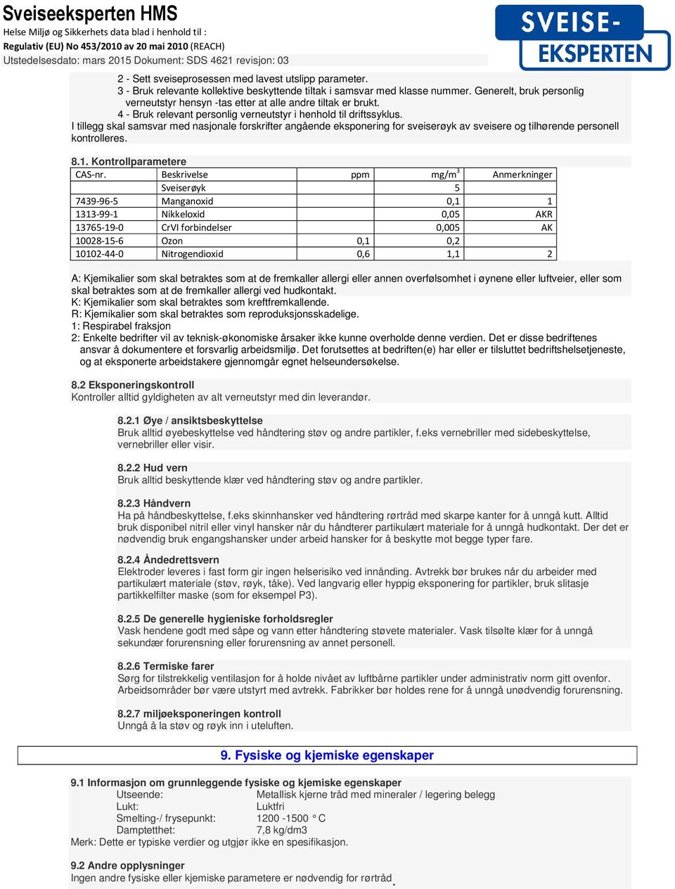 I tillegg skal samsvar med nasjonale forskrifter angående eksponering for sveiserøyk av sveisere og tilhørende personell kontrolleres. 8.1. Kontrollparametere CAS-nr.