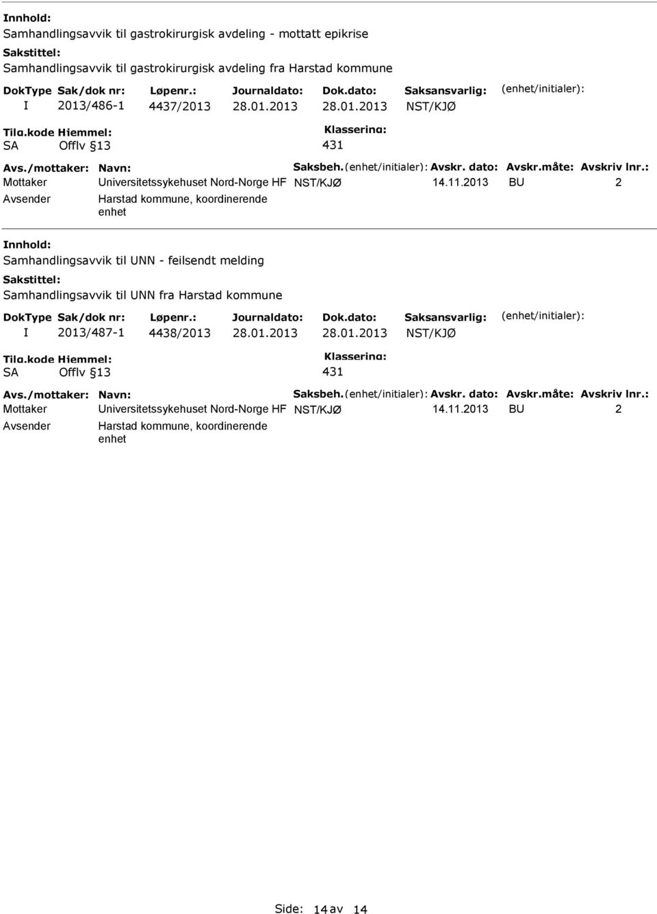 2013 B 2 Harstad kommune, koordinerende enhet Samhandlingsavvik til NN - feilsendt melding Samhandlingsavvik til NN fra Harstad kommune 2013/487-1 4438/2013 NST/KJØ SA