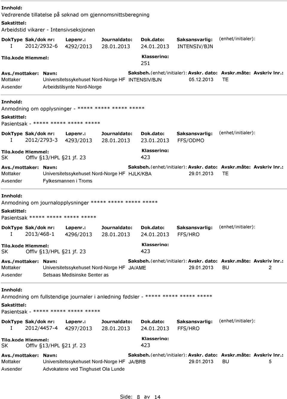 2013 TE Arbeidstilsynte Nord-Norge Anmodning om opplysninger - ***** ***** ***** ***** Pasientsak - ***** ***** ***** ***** 2012/2793-3 4293/2013 23.01.2013 FFS/ODMO Avs./mottaker: Navn: Saksbeh.