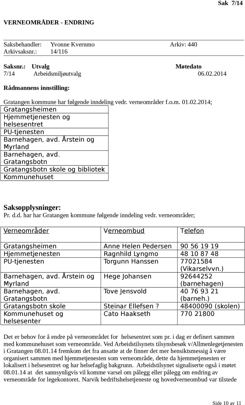 verneområder; Verneområder Verneombud Telefon Gratangsheimen Anne Helen Pedersen 90 56 19 19 Hjemmetjenesten Ragnhild Lyngmo 48 10 87 48 PU-tjenesten Torgunn Hanssen 77021584 (Vikarselvvn.