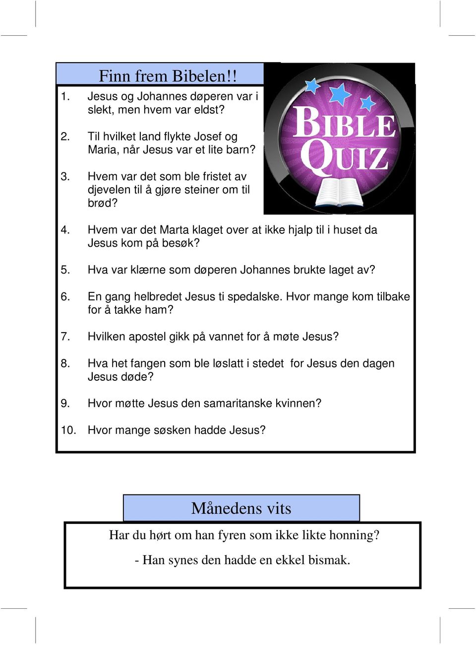 Hva var klærne som døperen Johannes brukte laget av? 6. En gang helbredet Jesus ti spedalske. Hvor mange kom tilbake for å takke ham? 7. Hvilken apostel gikk på vannet for å møte Jesus? 8.