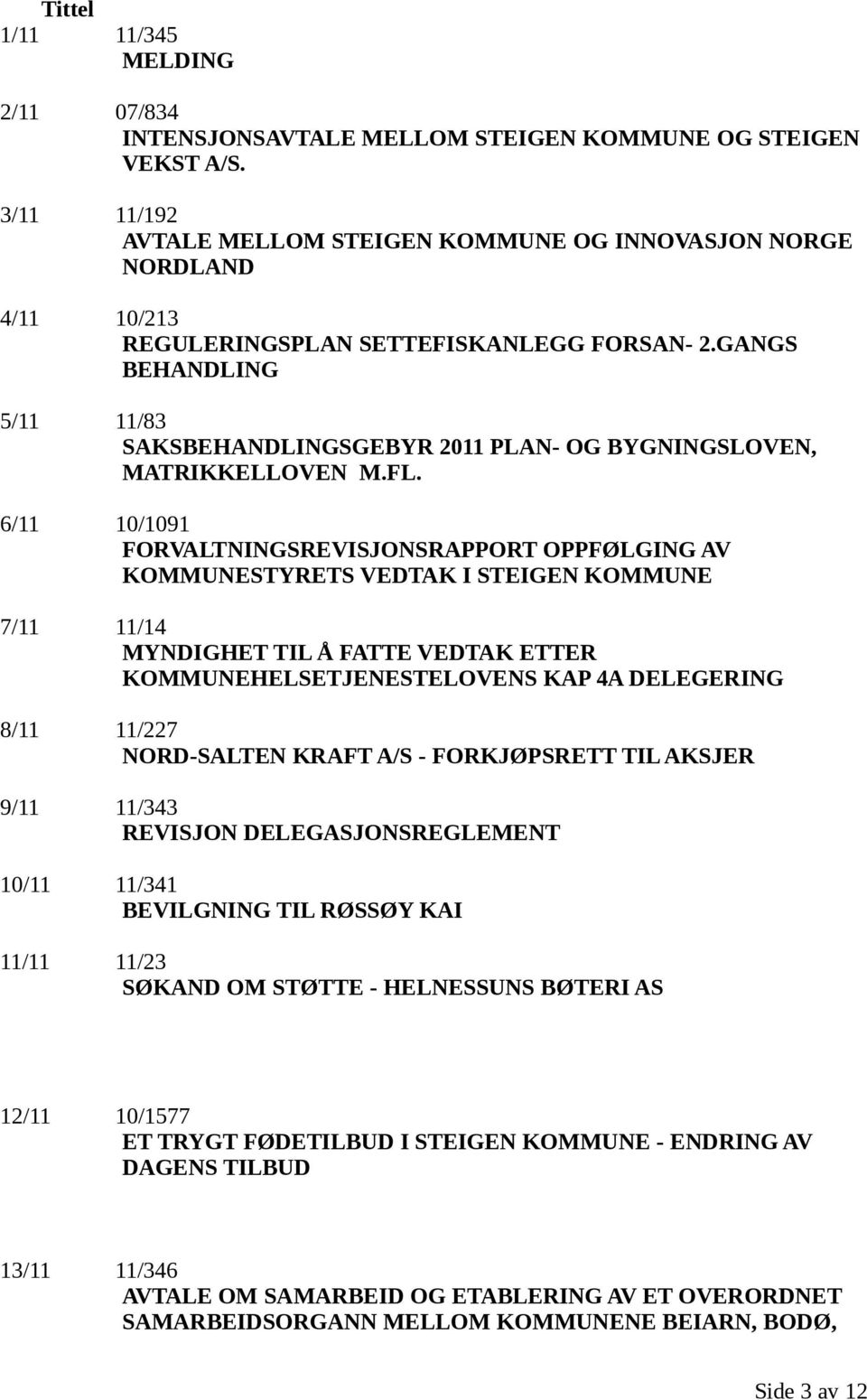 GANGS BEHANDLING 5/11 11/83 SAKSBEHANDLINGSGEBYR 2011 PLAN- OG BYGNINGSLOVEN, MATRIKKELLOVEN M.FL.