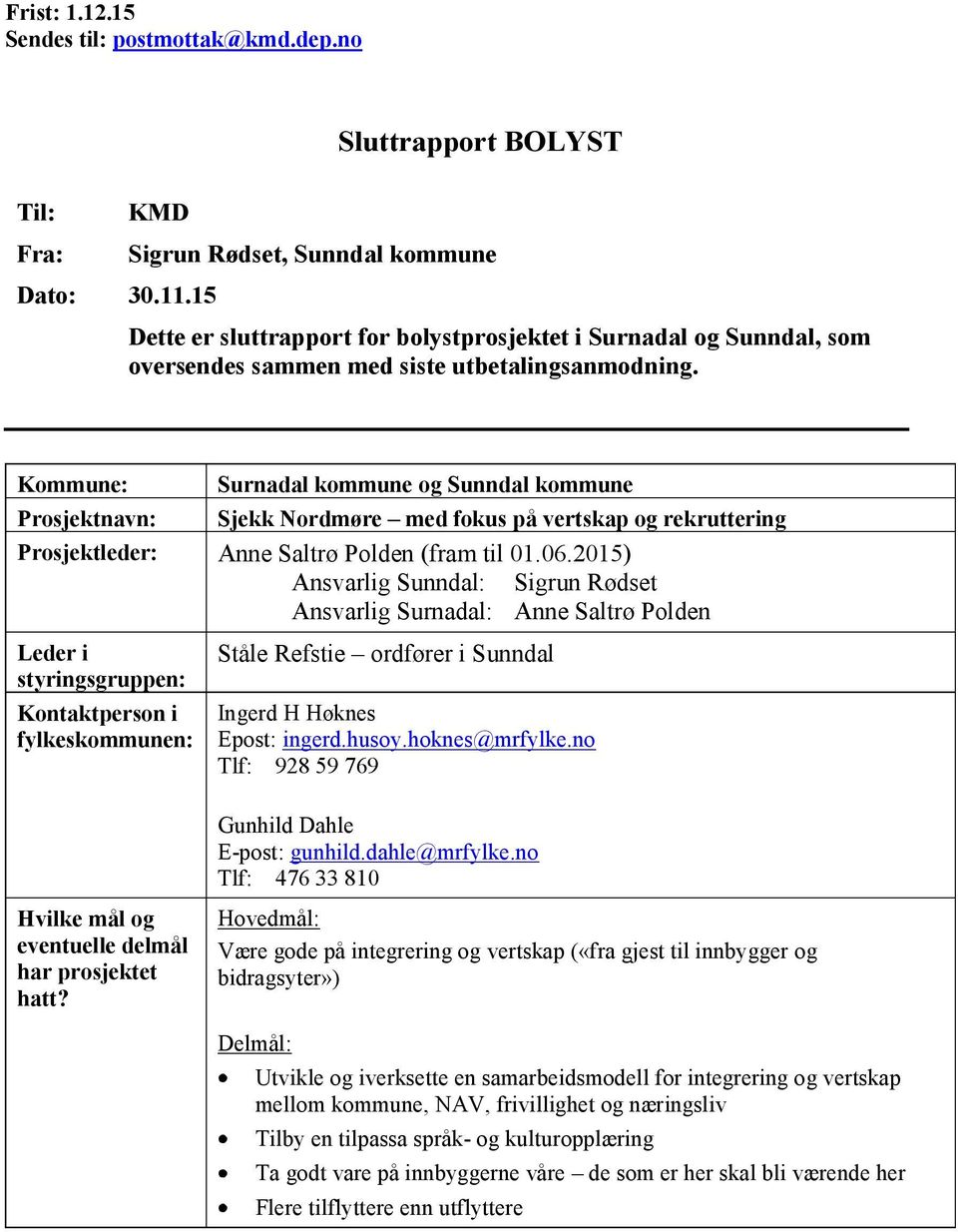 Kommune: Surnadal kommune og Sunndal kommune Prosjektnavn: Sjekk Nordmøre med fokus på vertskap og rekruttering Prosjektleder: Anne Saltrø Polden (fram til 01.06.
