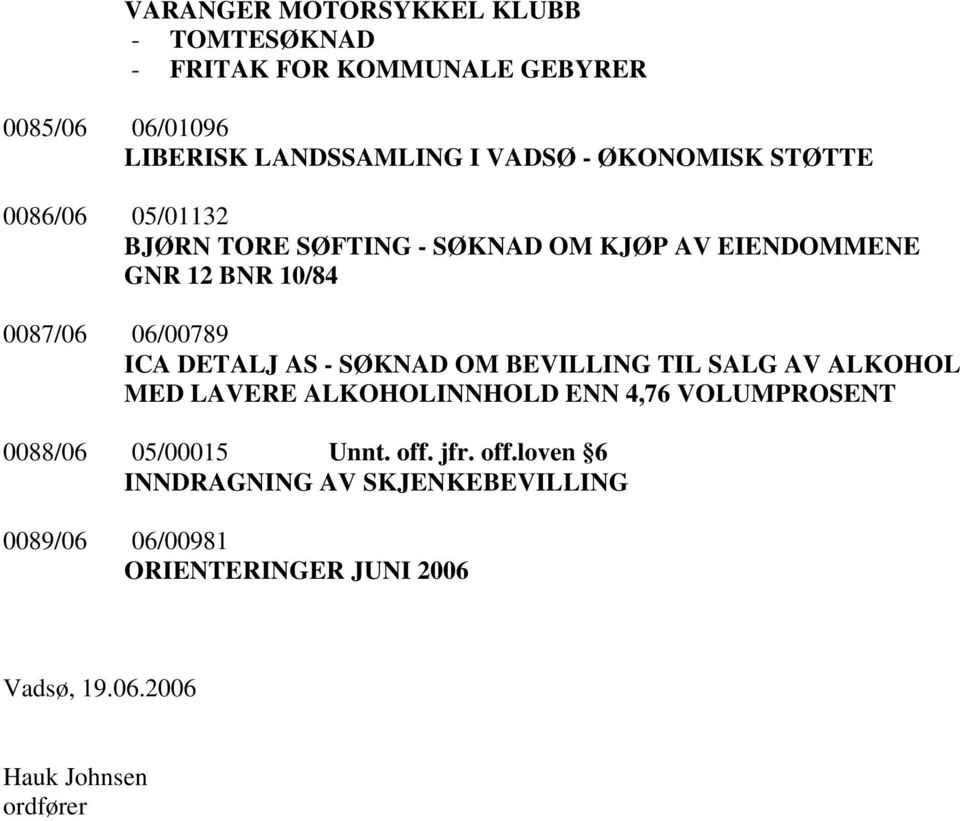 DETALJ AS - SØKNAD OM BEVILLING TIL SALG AV ALKOHOL MED LAVERE ALKOHOLINNHOLD ENN 4,76 VOLUMPROSENT 0088/06 05/00015 Unnt.