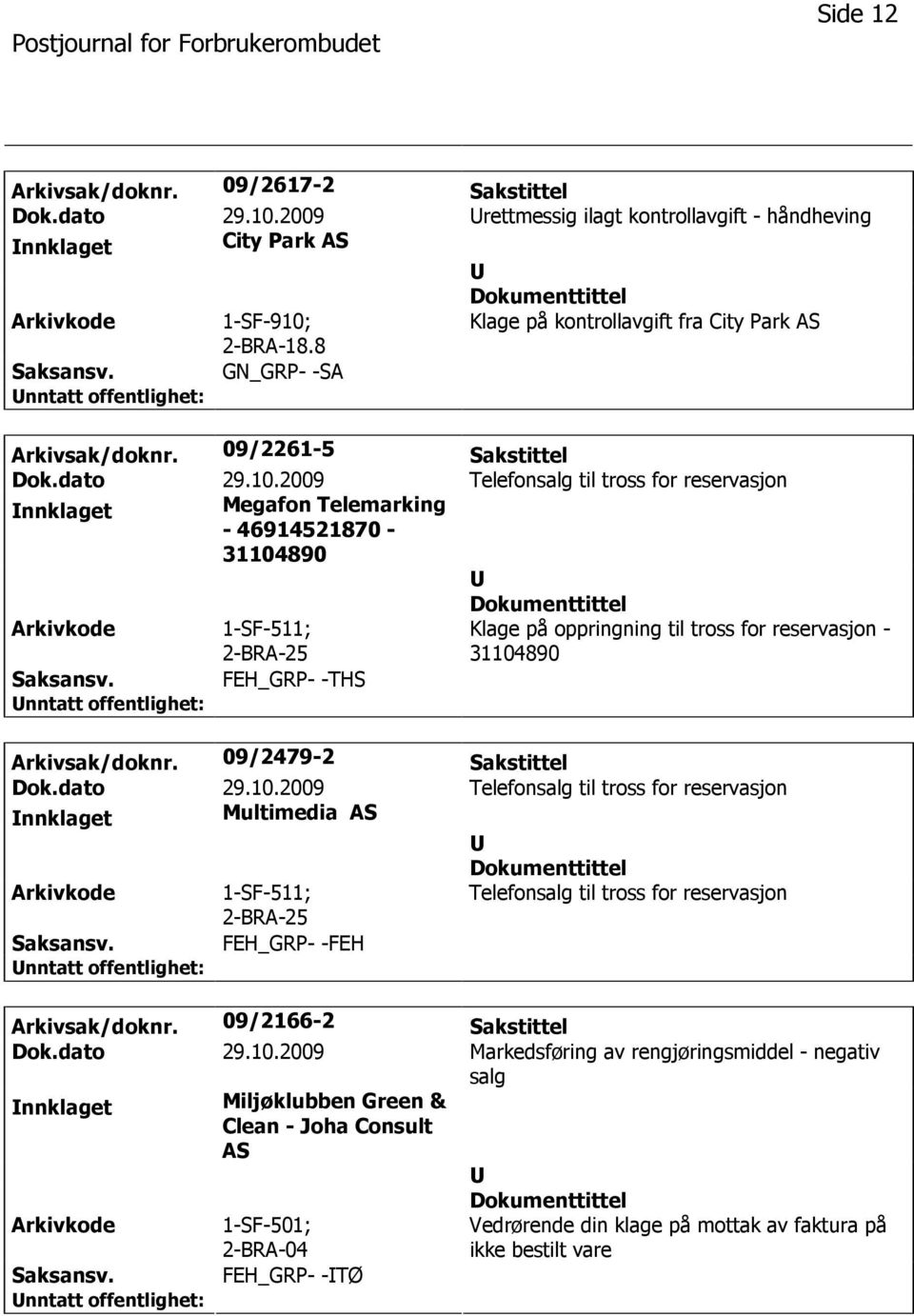 09/2261-5 Sakstittel nnklaget Megafon Telemarking - 46914521870-31104890 1-SF-511; Klage på oppringning til tross for reservasjon - 31104890 FEH_GRP- -THS Arkivsak/doknr.