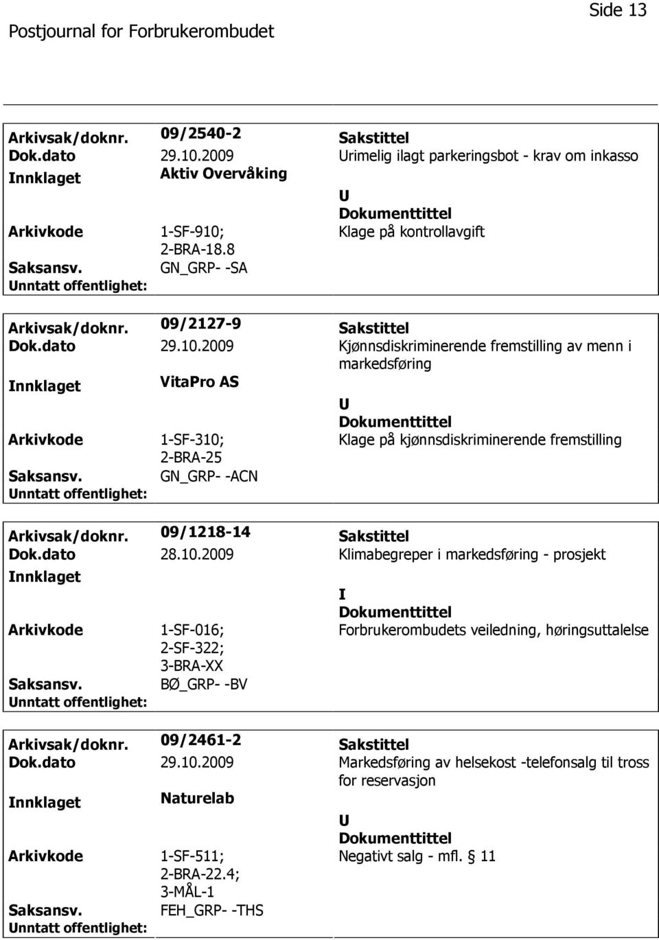 2009 Kjønnsdiskriminerende fremstilling av menn i markedsføring nnklaget VitaPro AS 1-SF-310; Klage på kjønnsdiskriminerende fremstilling GN_GRP- -ACN Arkivsak/doknr. 09/1218-14 Sakstittel Dok.