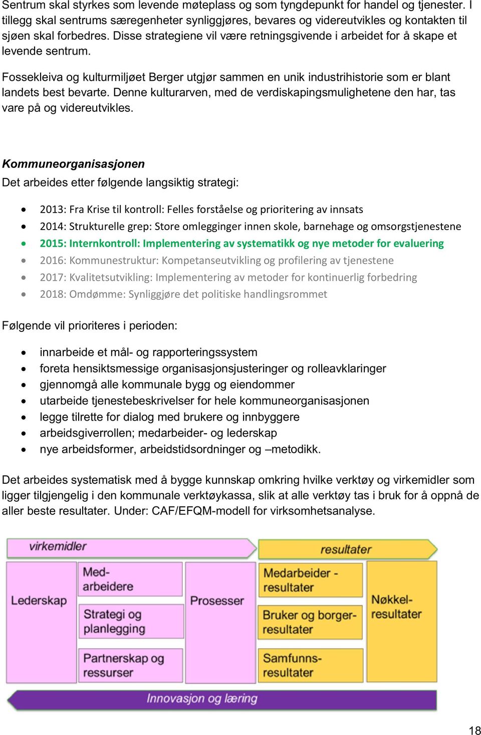 Disse strategiene vil være retningsgivende i arbeidet for å skape et levende sentrum. Fossekleiva og kulturmiljøet Berger utgjør sammen en unik indus trihistorie som er blant landets best bevarte.