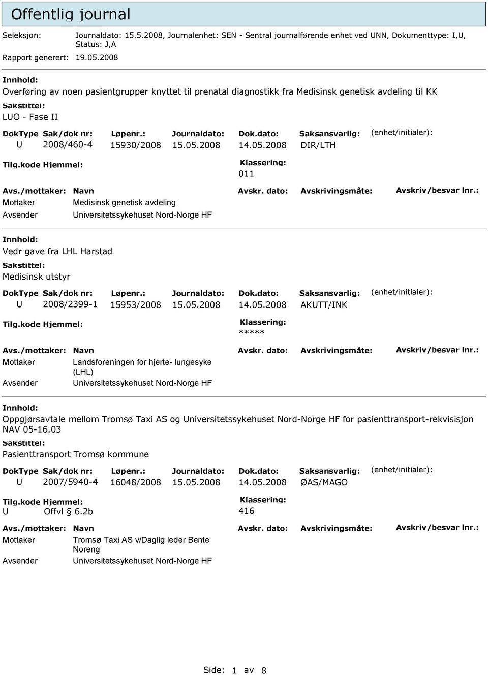 niversitetssykehuset Nord-Norge HF nnhold: Vedr gave fra LHL Harstad Medisinsk utstyr 2008/2399-1 15953/2008 AKTT/NK ***** Mottaker Landsforeningen for hjerte- lungesyke (LHL) niversitetssykehuset