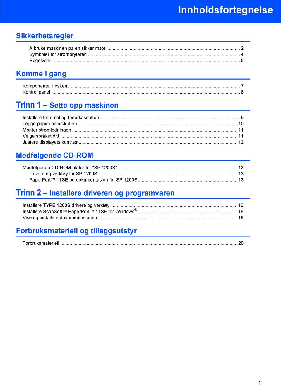 .. 12 Medfølgende CD-ROM Medfølgende CD-ROM-plater for "SP 1200S"... 13 Drivere og verktøy for SP 1200S... 13 PaperPort 11SE og dokumentasjon for SP 1200S.