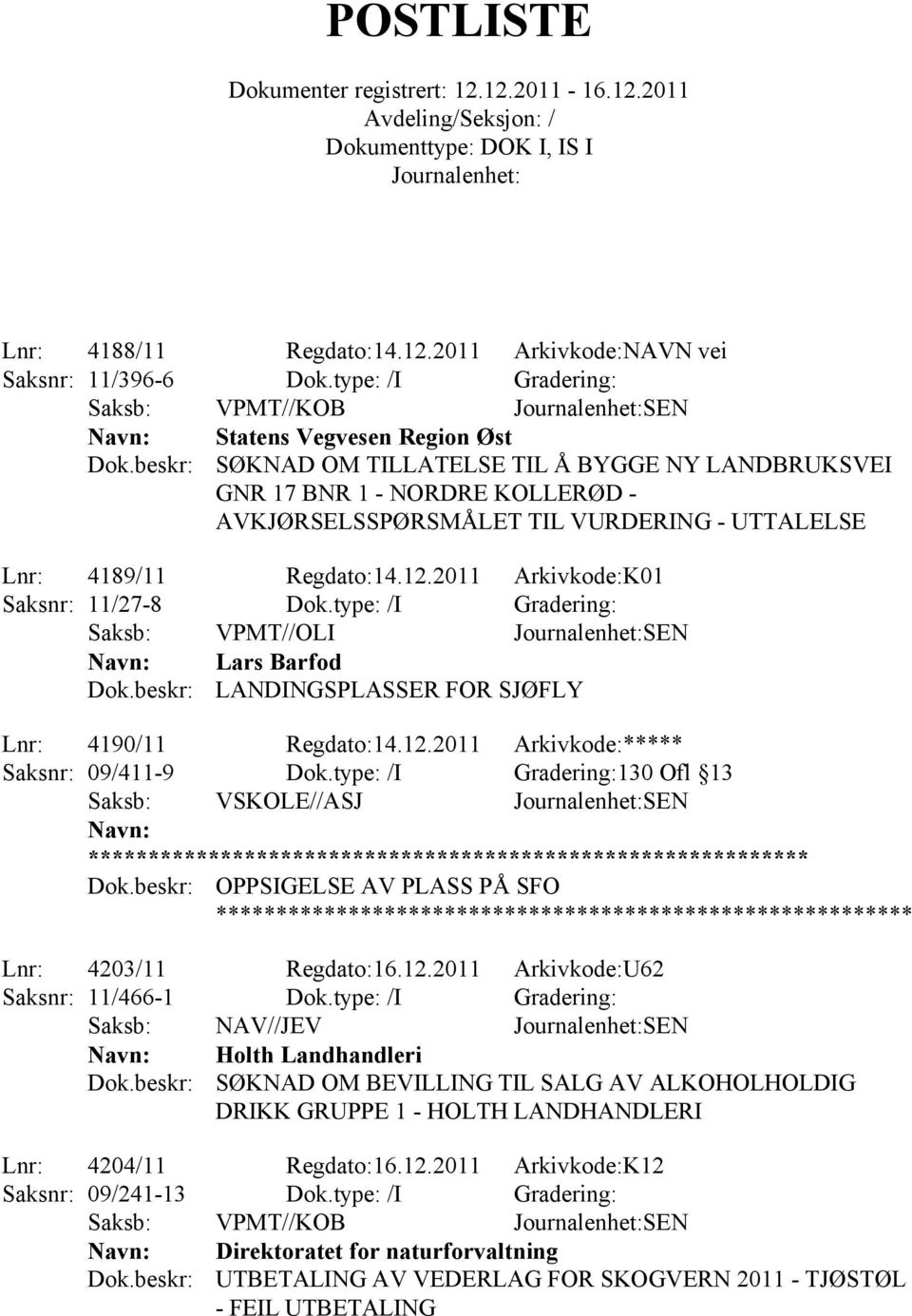 Lnr: 4189/11 Regdato:14.12.2011 Arkivkode:K01 Saksnr: 11/27-8 Dok.type: /I Gradering: Saksb: VPMT//OLI SEN Lars Barfod LANDINGSPLASSER FOR SJØFLY Lnr: 4190/11 Regdato:14.12.2011 Arkivkode:***** Saksnr: 09/411-9 Dok.