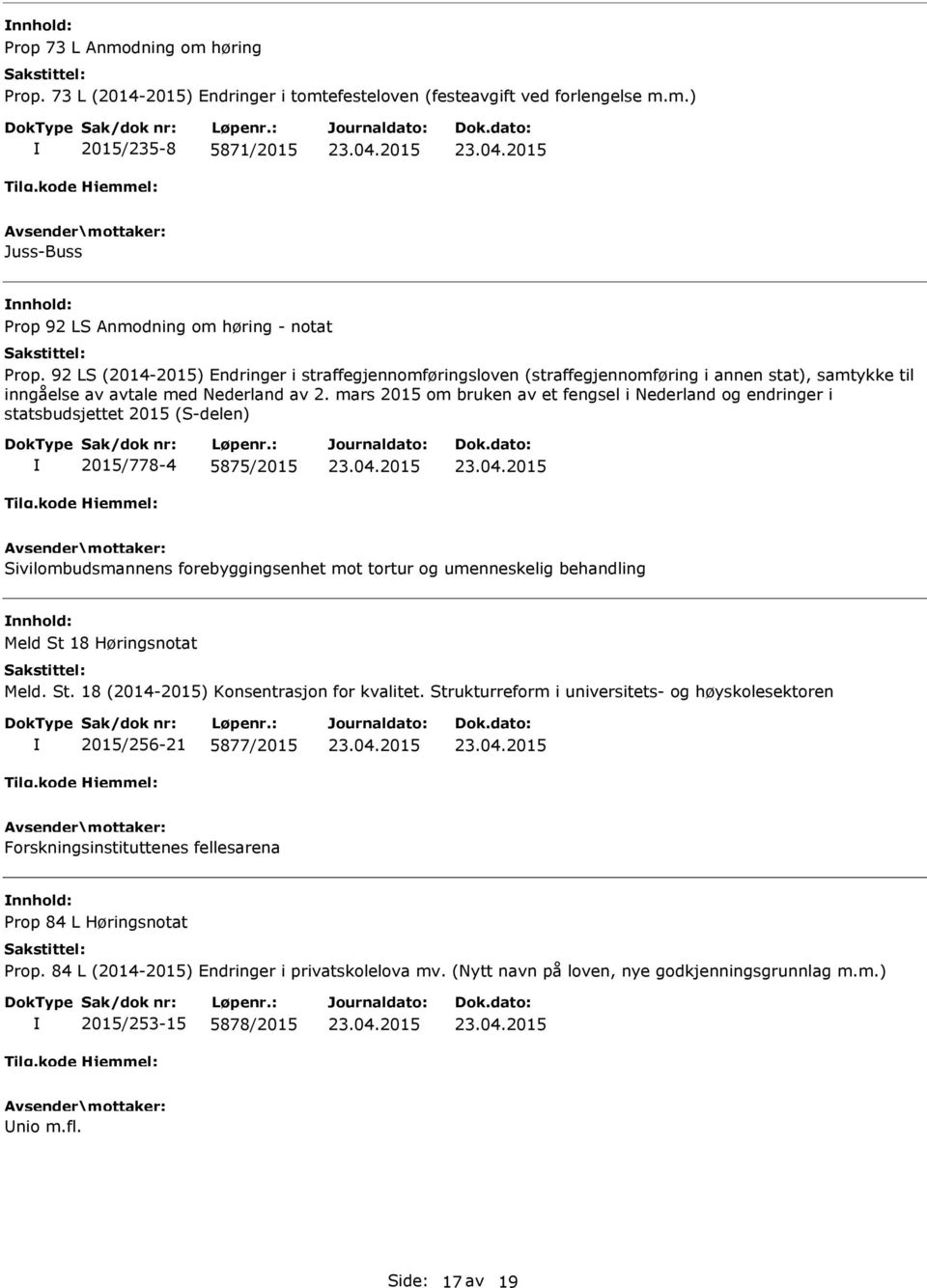 mars 2015 om bruken av et fengsel i Nederland og endringer i statsbudsjettet 2015 (S-delen) 2015/778-4 5875/2015 Sivilombudsmannens forebyggingsenhet mot tortur og umenneskelig behandling nnhold: