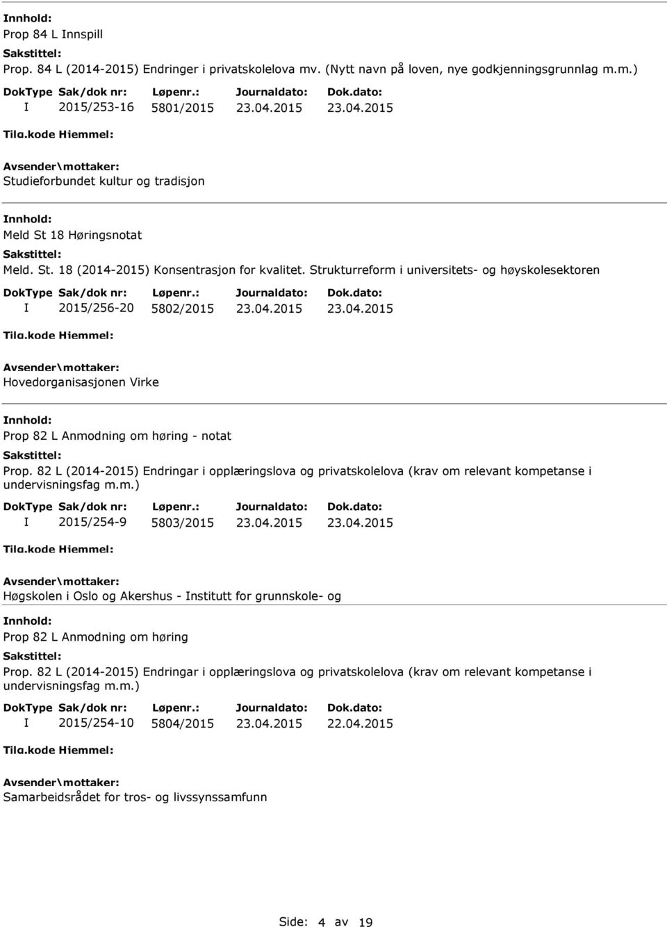 82 L (2014-2015) Endringar i opplæringslova og privatskolelova (krav om relevant kompetanse i undervisningsfag m.m.) 2015/254-9 5803/2015 Høgskolen i Oslo og Akershus - nstitutt for grunnskole- og nnhold: Prop 82 L Anmodning om høring Prop.