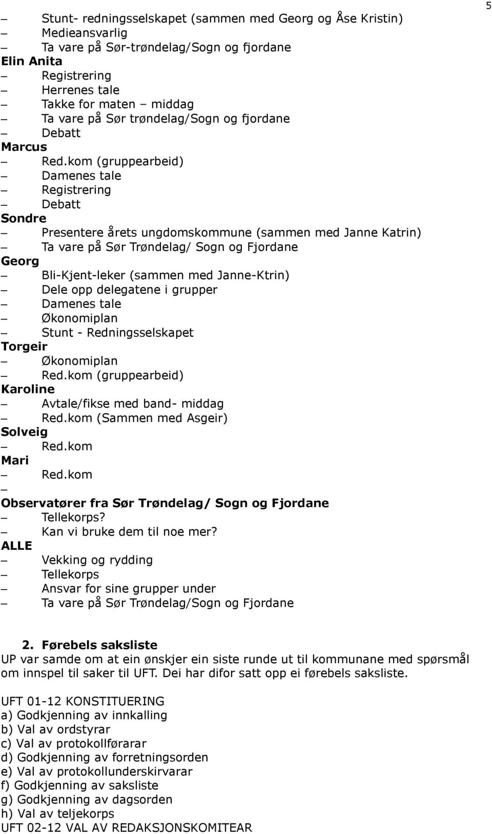 kom (gruppearbeid) Damenes tale Registrering Debatt Sondre Presentere årets ungdomskommune (sammen med Janne Katrin) Ta vare på Sør Trøndelag/ Sogn og Fjordane Georg Bli-Kjent-leker (sammen med