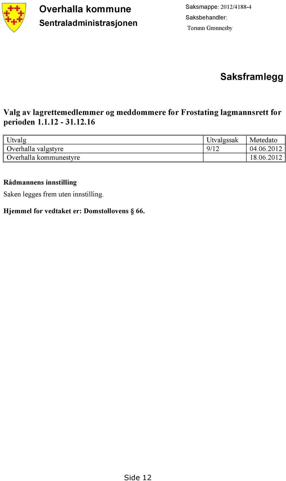 12.16 Utvalg Utvalgssak Møtedato Overhalla valgstyre 9/12 04.06.