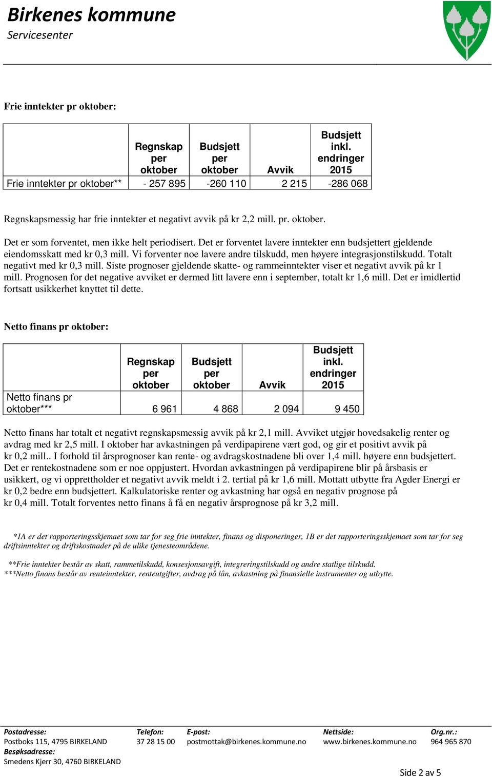 Det er forventet lavere inntekter enn budsjettert gjeldende eiendomsskatt med kr 0,3 mill. Vi forventer noe lavere andre tilskudd, men høyere integrasjonstilskudd. Totalt negativt med kr 0,3 mill.