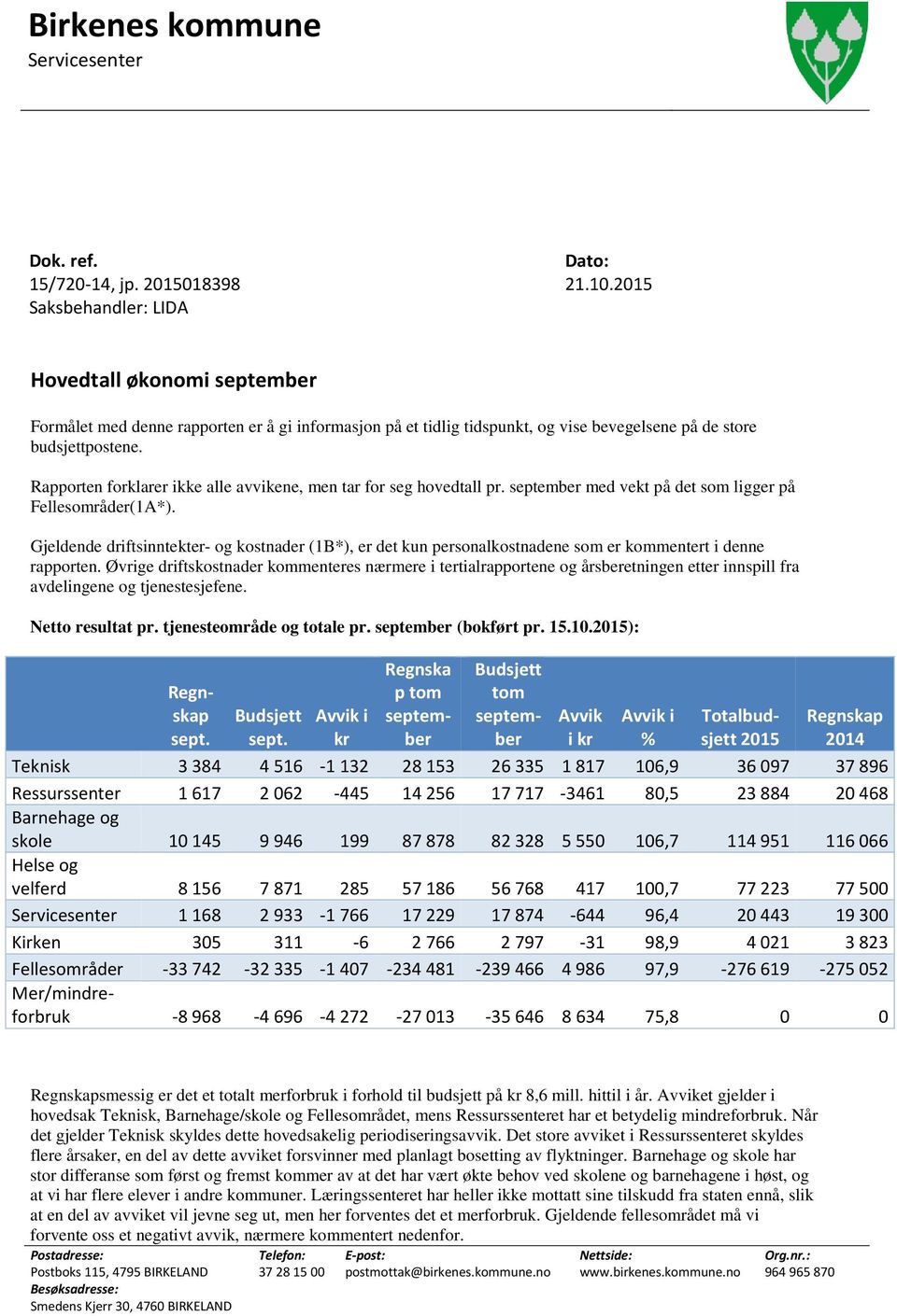 Rapporten forklarer ikke alle avvikene, men tar for seg hovedtall pr. september med vekt på det som ligger på Fellesområder(1A*).