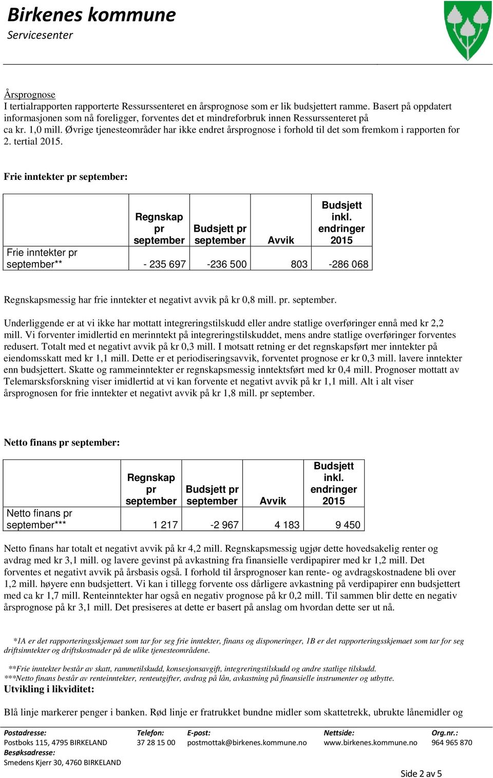 Øvrige tjenesteområder har ikke endret årsprognose i forhold til det som fremkom i rapporten for 2. tertial 2015.