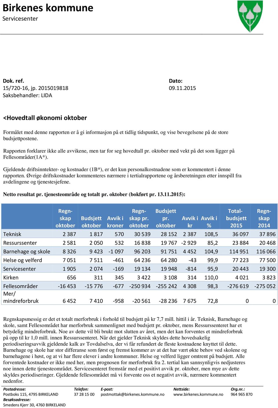 Rapporten forklarer ikke alle avvikene, men tar for seg hovedtall pr. oktober med vekt på det som ligger på Fellesområder(1A*).