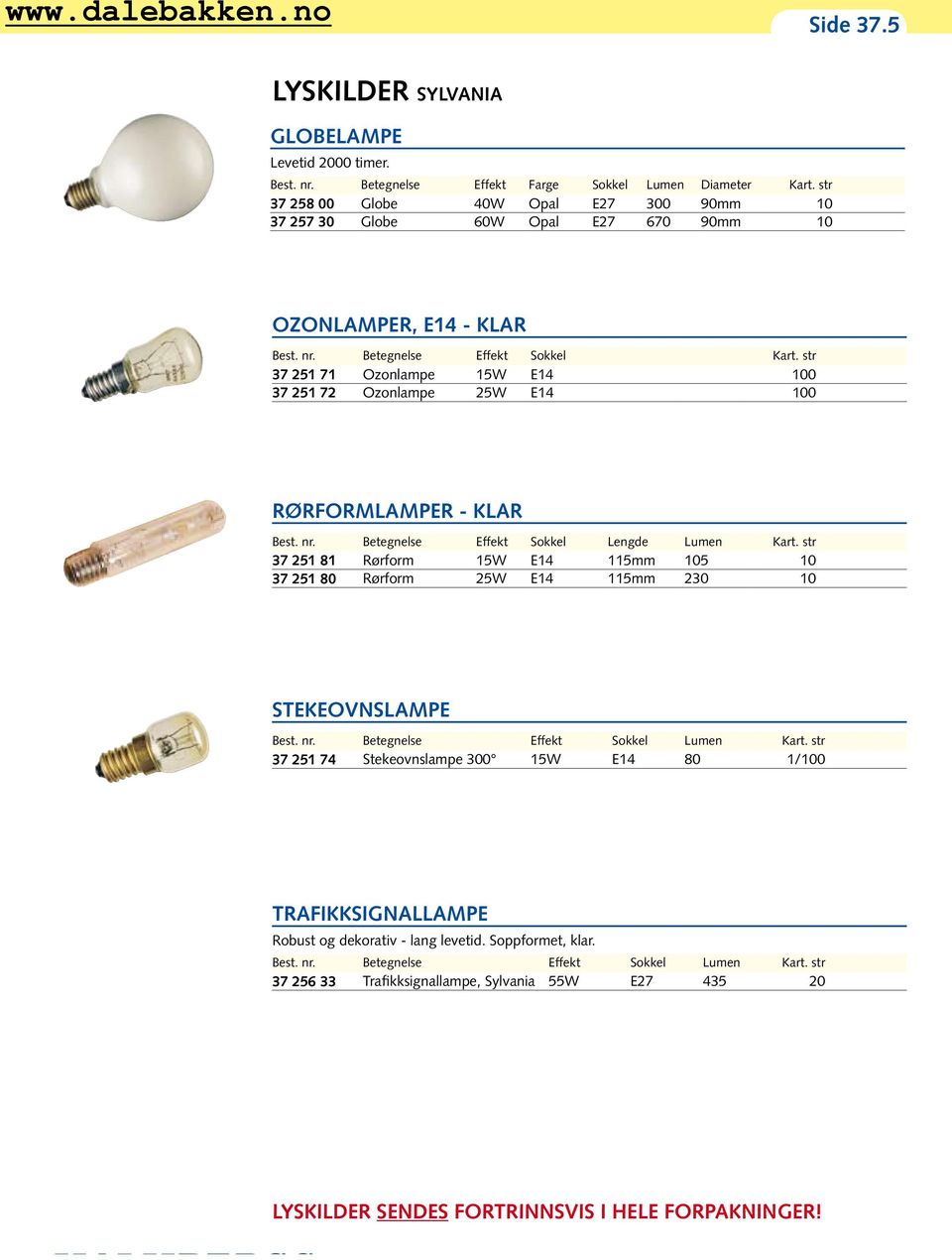 str 37 251 71 Ozonlampe 15W E14 100 37 251 72 Ozonlampe 25W E14 100 RØRFORMLAMPER - KLAR Best. nr. Betegnelse Effekt Sokkel Lengde Lumen Kart.