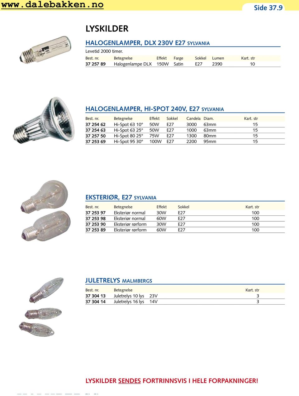 str 37 254 62 Hi-Spot 63 10 50W E27 3000 63mm 15 37 254 63 Hi-Spot 63 25 50W E27 1000 63mm 15 37 257 50 Hi-Spot 80 25 75W E27 1300 80mm 15 37 253 69 Hi-Spot 95 30 100W E27 2200 95mm 15 EKSTERIØR,