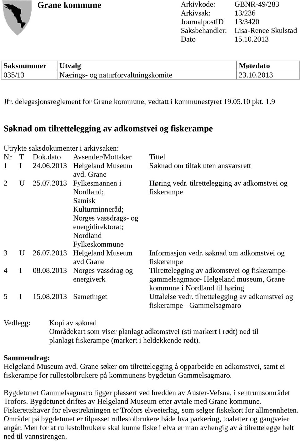 dato Avsender/Mottaker Tittel 1 I 24.06.2013 Helgeland Museum Søknad om tiltak uten ansvarsrett avd. Grane 2 U 25.07.2013 Fylkesmannen i Nordland; Høring vedr.