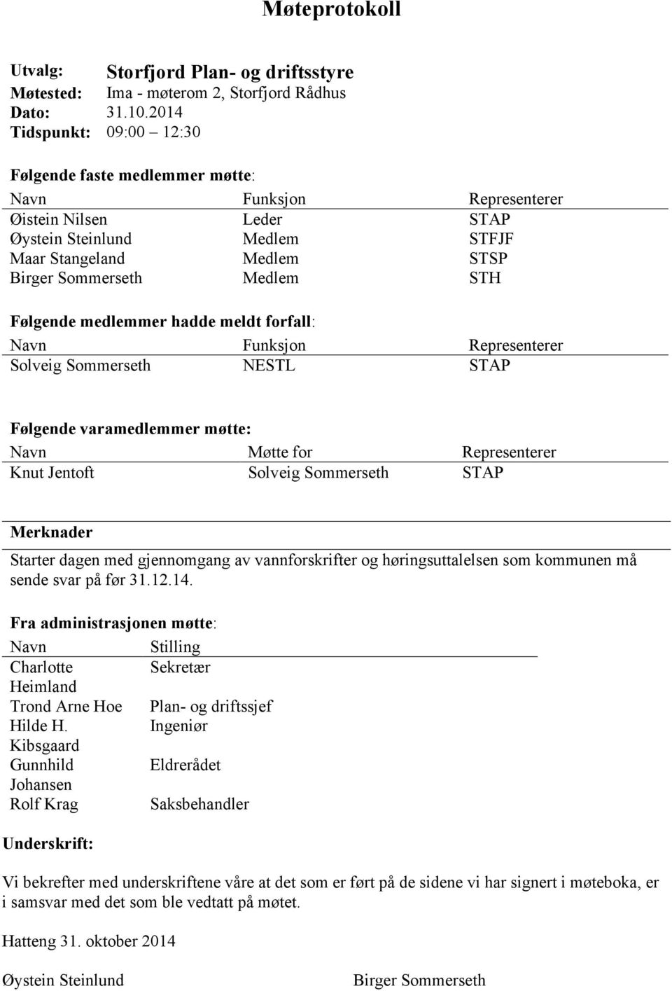 STH Følgende medlemmer hadde meldt forfall: Navn Funksjon Representerer Solveig Sommerseth NESTL STAP Følgende varamedlemmer møtte: Navn Møtte for Representerer Knut Jentoft Solveig Sommerseth STAP