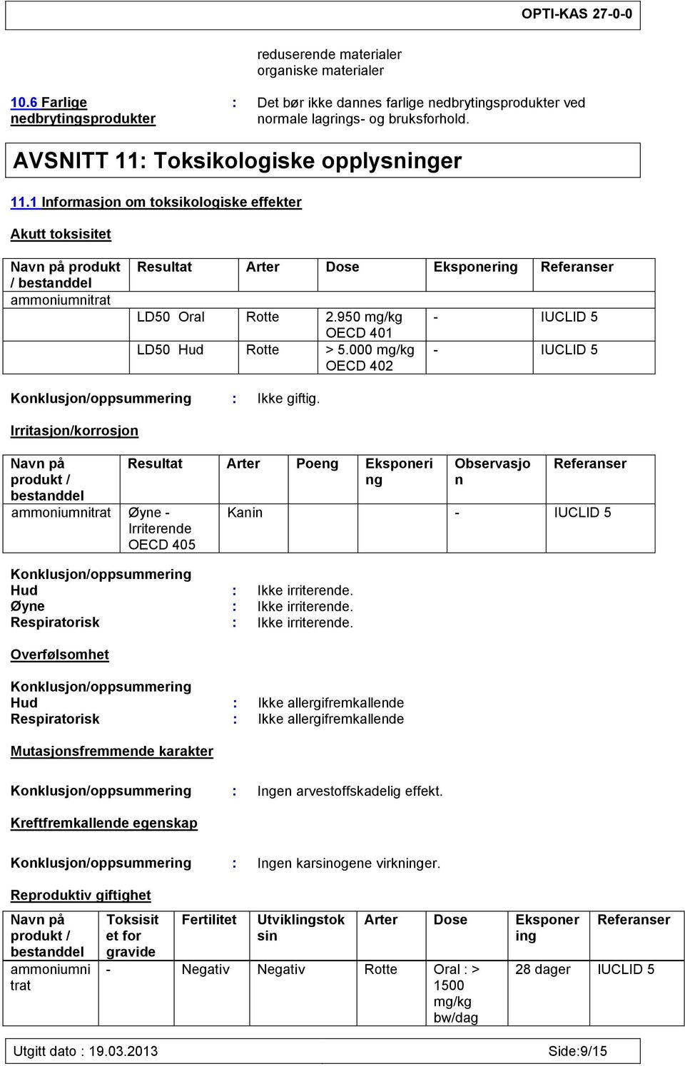 950 mg/kg OECD 401 LD50 Hud Rotte > 5.000 mg/kg OECD 402 - IUCLID 5 - IUCLID 5 Konklusjon/oppsummering : Ikke giftig.