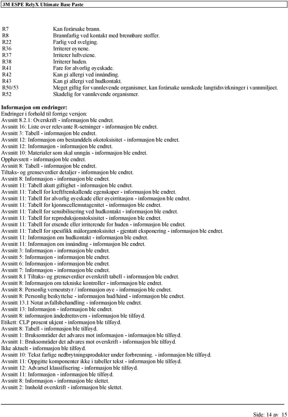 R52 Skadelig vannlevende organismer. Inmasjon om endringer: Endringer i hold til rige versjon: Avsnitt 8.2.1: Overskrift - inmasjon ble endret.