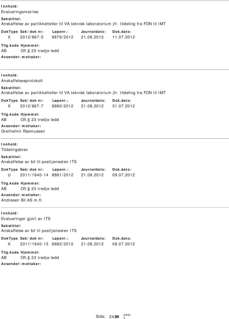 23 tredje ledd Grethelinn Rasmussen Tildelingsbrev Anskaffelse av bil til posttjenesten T 2011/1940-14 8881/2012 09.0.2012 AB Ofl.