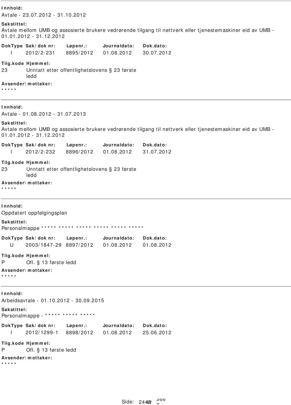 01.2012-31.12.2012 2012/2-232 8896/2012 01.08.2012 31.0.2012 23 nntatt etter offentlighetslovens 23 første ledd Oppdatert oppfølgingsplan ersonalmappe 2003/184-29 889/2012 01.