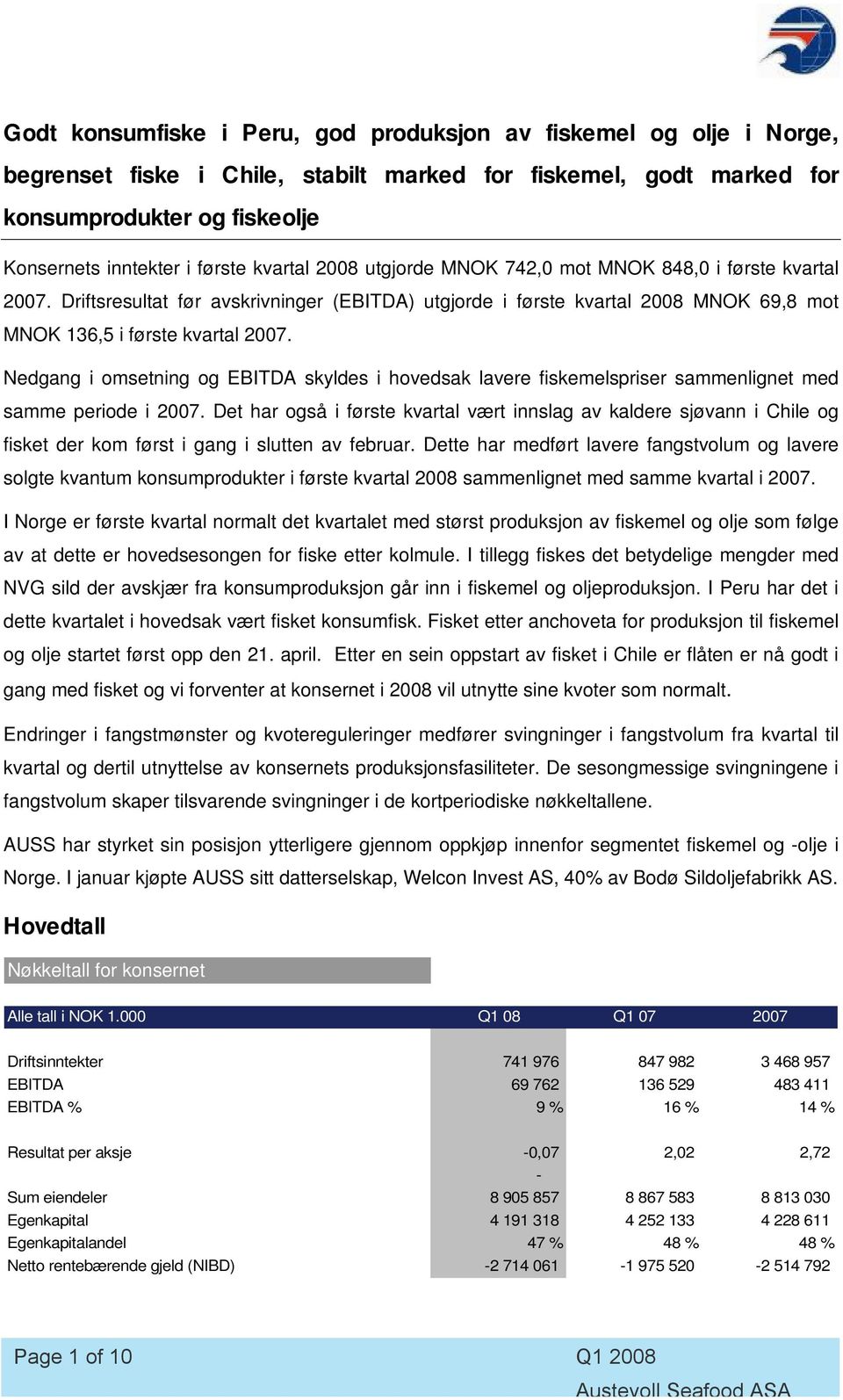 Nedgang i omsetning og EBITDA skyldes i hovedsak lavere fiskemelspriser sammenlignet med samme periode i 2007.