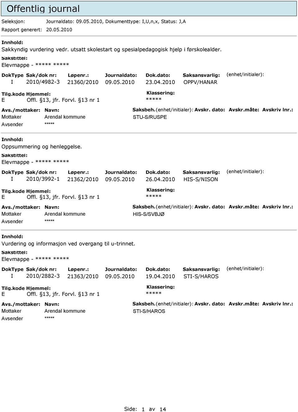 måte: Avskriv lnr.: STU-S/RUSP nnhold: Oppsummering og henleggelse. levmappe - 2010/3992-1 21362/2010 26.04.2010 HS-S/NSON Avs./mottaker: Navn: Saksbeh. Avskr. dato: Avskr.