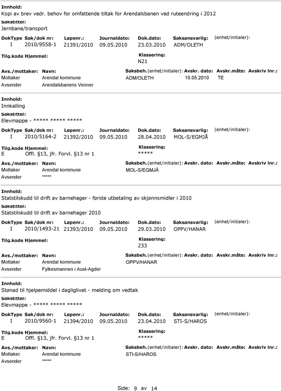 måte: Avskriv lnr.: MOL-S/GMJÅ nnhold: Statstilskudd til drift av barnehager - første utbetaling av skjønnsmidler i 2010 Statstilskudd til drift av barnehager 2010 2010/1493-21 21393/2010 29.03.