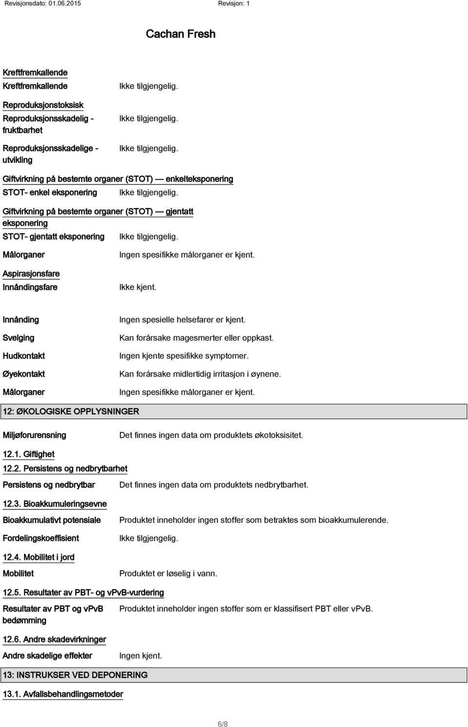 Innånding Svelging Hudkontakt Øyekontakt Målorganer Ingen spesielle helsefarer er kjent. Kan forårsake magesmerter eller oppkast. Ingen kjente spesifikke symptomer.