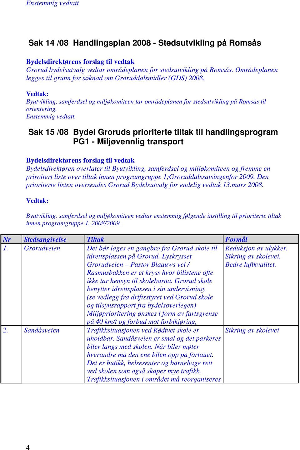 Sak 15 /08 Bydel Groruds prioriterte tiltak til handlingsprogram PG1 - Miljøvennlig transport Bydelsdirektøren overlater til Byutvikling, samferdsel og miljøkomiteen og fremme en priroitert liste