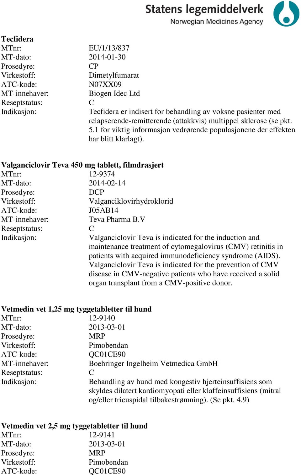 Valganciclovir Teva 450 mg tablett, filmdrasjert MTnr: 12-9374 MT-dato: 2014-02-14 DP Valganciklovirhydroklorid J05AB14 Teva Pharma B.