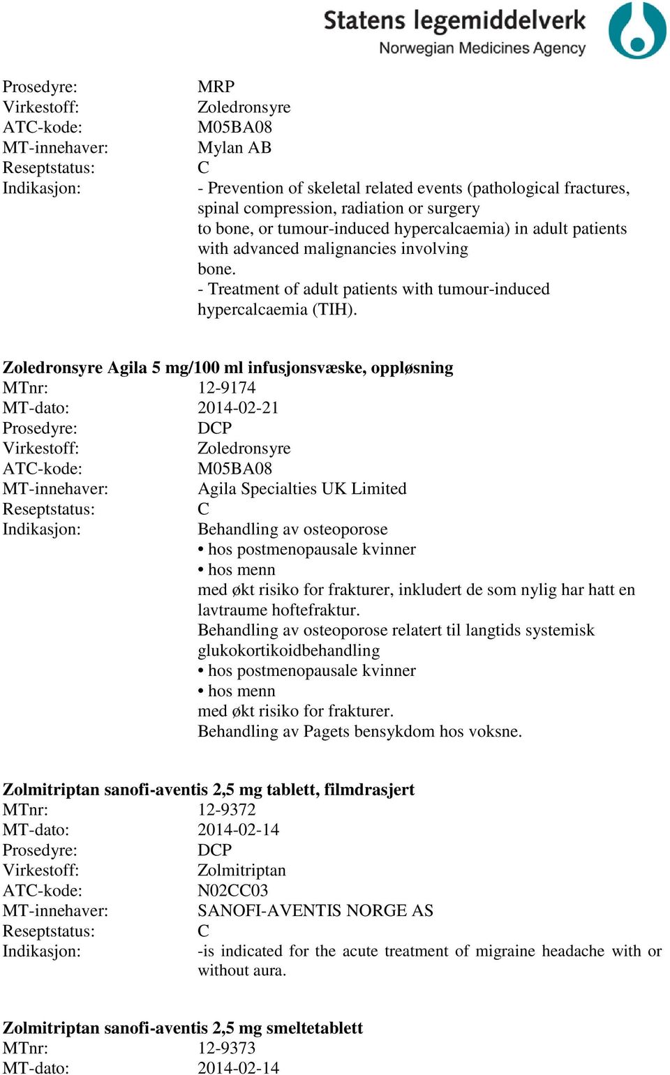 Zoledronsyre Agila 5 mg/100 ml infusjonsvæske, oppløsning MTnr: 12-9174 MT-dato: 2014-02-21 DP Zoledronsyre M05BA08 Agila Specialties UK Limited Behandling av osteoporose hos postmenopausale kvinner