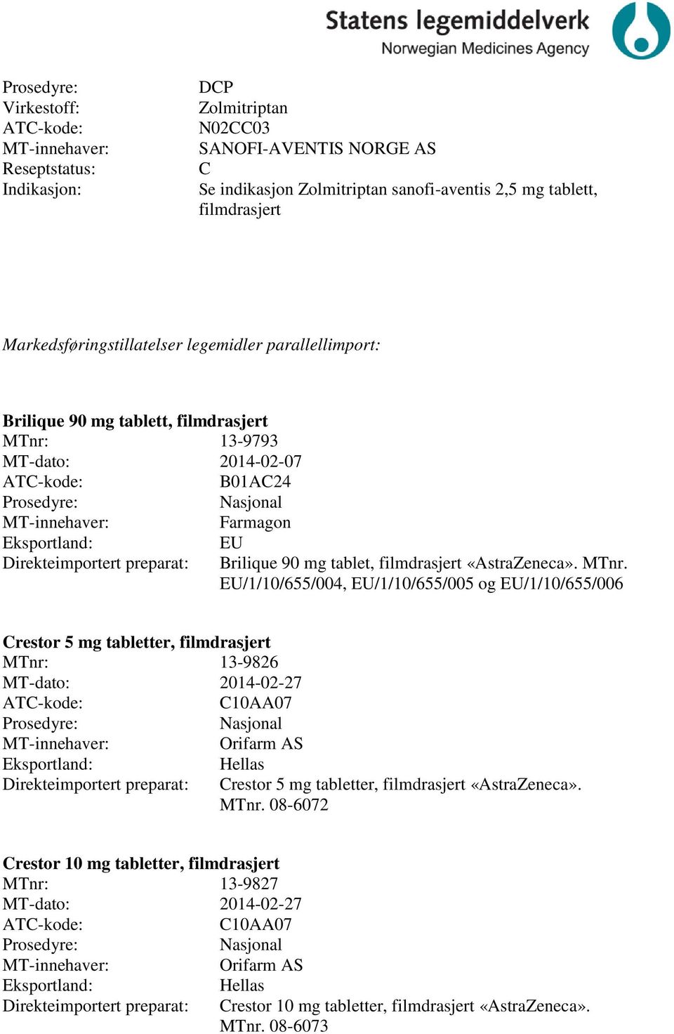 13-9793 MT-dato: 2014-02-07 B01A24 Farmagon EU Brilique 90 mg tablet, filmdrasjert «AstraZeneca». MTnr.