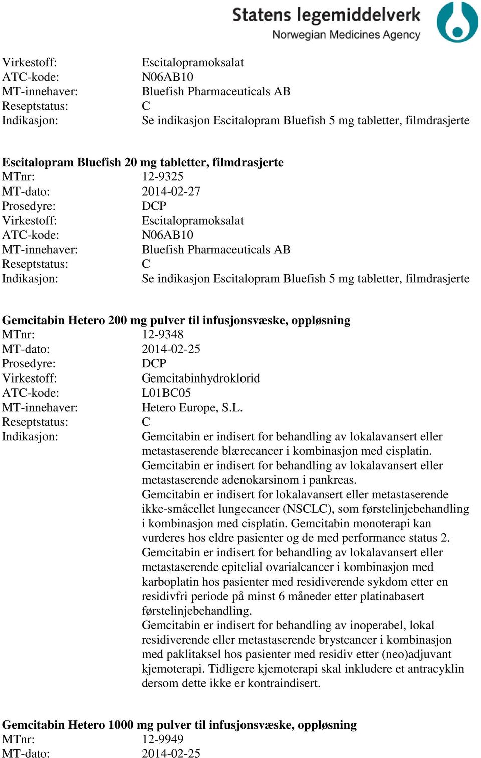 MTnr: 12-9348 MT-dato: 2014-02-25 DP Gemcitabinhydroklorid L01B05 Hetero Europe, S.L. Gemcitabin er indisert for behandling av lokalavansert eller metastaserende blærecancer i kombinasjon med cisplatin.