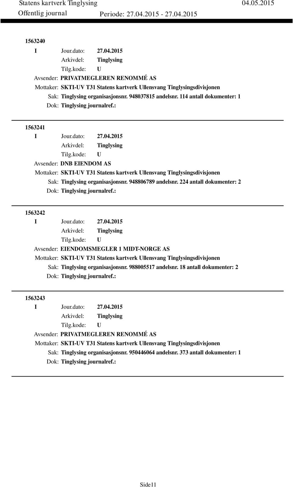 224 antall dokumenter: 2 Dok: journalref.: 1563242 Avsender: EIENDOMSMEGLER 1 MIDT-NORGE AS Mottaker: SKTI-V T31 Statens kartverk llensvang sdivisjonen Sak: organisasjonsnr. 988005517 andelsnr.