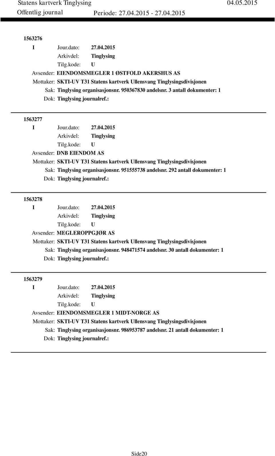 292 antall dokumenter: 1 Dok: journalref.: 1563278 Avsender: MEGLEROPPGJØR AS Mottaker: SKTI-V T31 Statens kartverk llensvang sdivisjonen Sak: organisasjonsnr. 948471574 andelsnr.