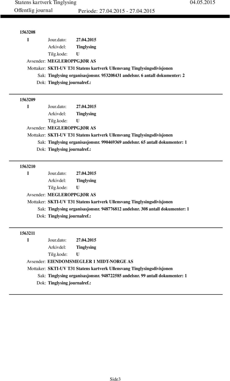 65 antall dokumenter: 1 Dok: journalref.: 1563210 Avsender: MEGLEROPPGJØR AS Mottaker: SKTI-V T31 Statens kartverk llensvang sdivisjonen Sak: organisasjonsnr. 948776812 andelsnr.