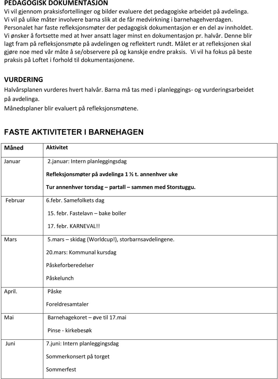 Vi ønsker å fortsette med at hver ansatt lager minst en dokumentasjon pr. halvår. Denne blir lagt fram på refleksjonsmøte på avdelingen og reflektert rundt.