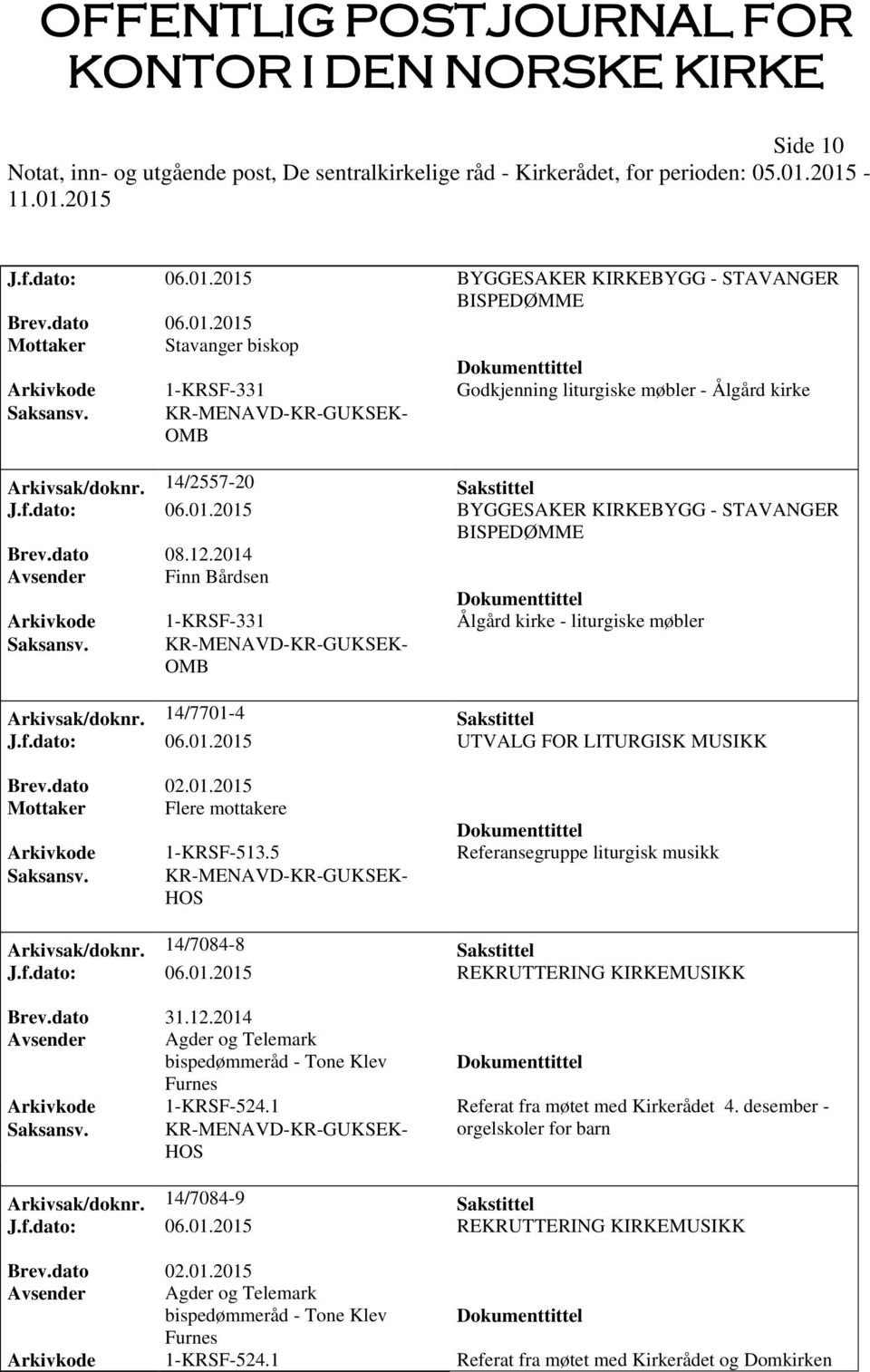 2014 Avsender Finn Bårdsen Arkivkode 1-KRSF-331 Ålgård kirke - liturgiske møbler Saksansv. KR-MENAVD-KR-GUKSEK- OMB Arkivsak/doknr. 14/7701-4 Sakstittel J.f.dato: 06.01.2015 UTVALG FOR LITURGISK MUSIKK Mottaker Flere mottakere Arkivkode 1-KRSF-513.