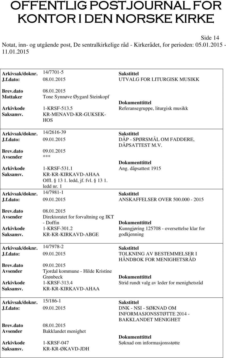 1 Ang. dåpsattest 1915 Saksansv. KR-KR-KIRKAVD-AHAA Offl. 13 1. ledd, jf. fvl. 13 1. ledd nr. 1 Arkivsak/doknr. 14/7981-1 Sakstittel J.f.dato: 09.01.2015 ANSKAFFELSER OVER 500.000-2015 Brev.dato 08.
