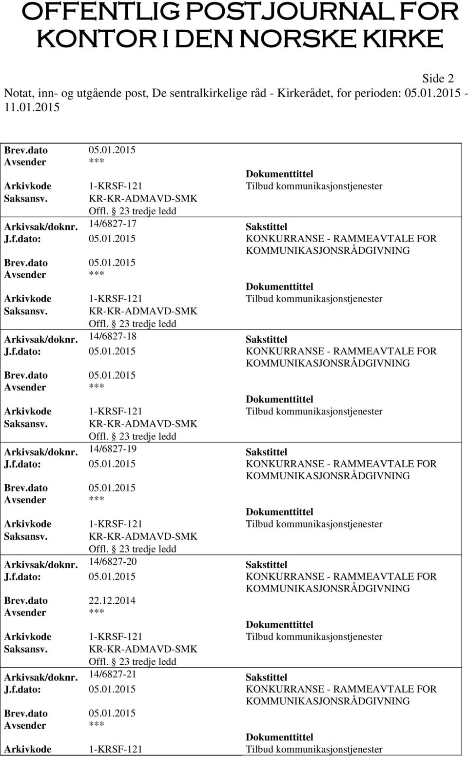 f.dato: 05.01.2015 KONKURRANSE - RAMMEAVTALE FOR KOMMUNIKASJONSRÅDGIVNING Arkivkode 1-KRSF-121 Tilbud kommunikasjonstjenester Saksansv. KR-KR-ADMAVD-SMK Arkivsak/doknr. 14/6827-20 Sakstittel J.f.dato: 05.01.2015 KONKURRANSE - RAMMEAVTALE FOR KOMMUNIKASJONSRÅDGIVNING Brev.