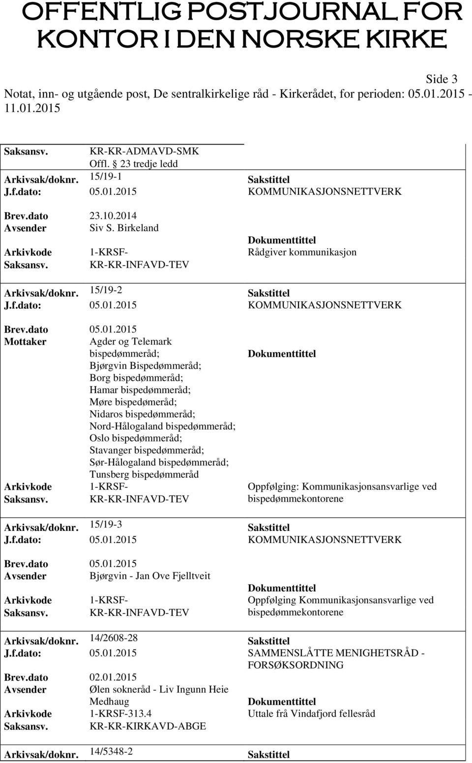 2015 KOMMUNIKASJONSNETTVERK Mottaker Agder og Telemark bispedømmeråd; Bjørgvin Bispedømmeråd; Borg bispedømmeråd; Hamar bispedømmeråd; Møre bispedømeråd; Nidaros bispedømmeråd; Nord-Hålogaland