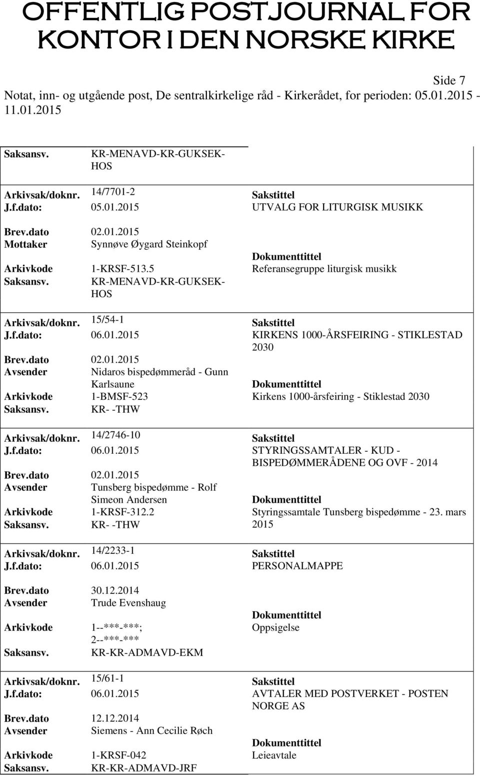 2015 KIRKENS 1000-ÅRSFEIRING - STIKLESTAD 2030 Avsender Nidaros bispedømmeråd - Gunn Karlsaune Arkivkode 1-BMSF-523 Kirkens 1000-årsfeiring - Stiklestad 2030 Saksansv. KR- -THW Arkivsak/doknr.